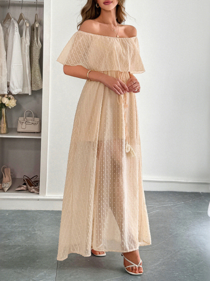 Elegant Strapless Waisted Short Sleeve Long Dress-chiquechics