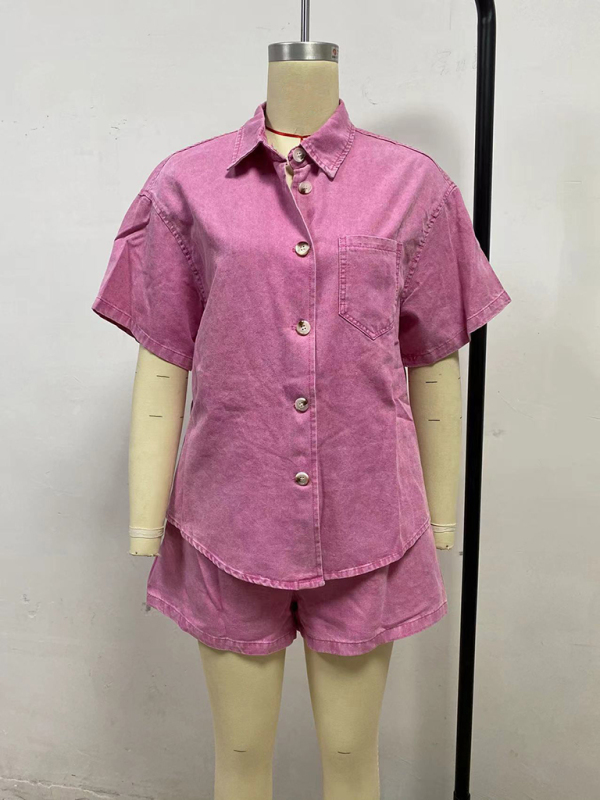 Casual loose short-sleeved shirt and denim shorts set-chiquechics