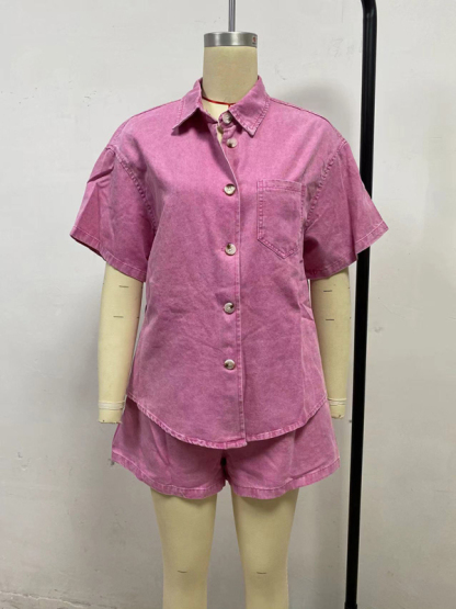 Casual loose short-sleeved shirt and denim shorts set-chiquechics