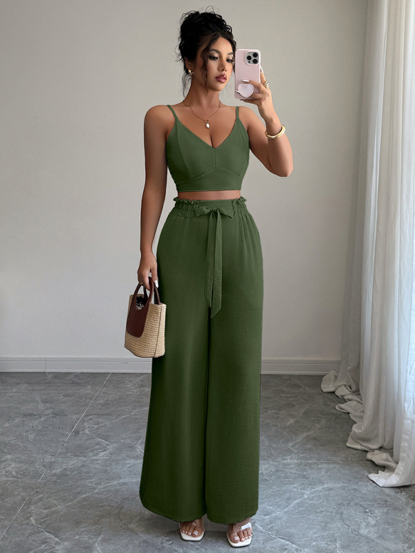 Army Green Suspender Vest Wide Leg Pants Two-Piece Set-chiquechics