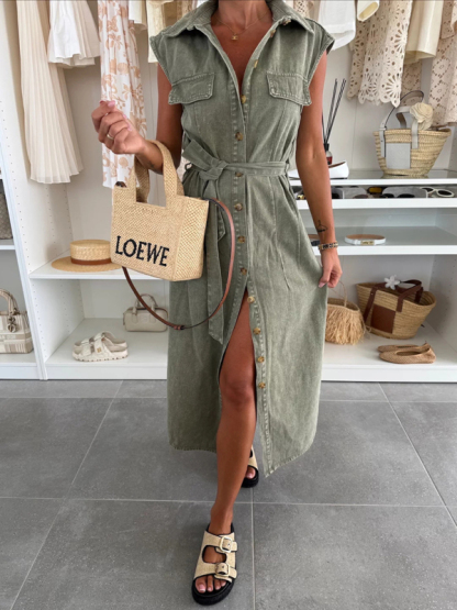 Fashion casual single breasted sleeveless denim dress-chiquechics