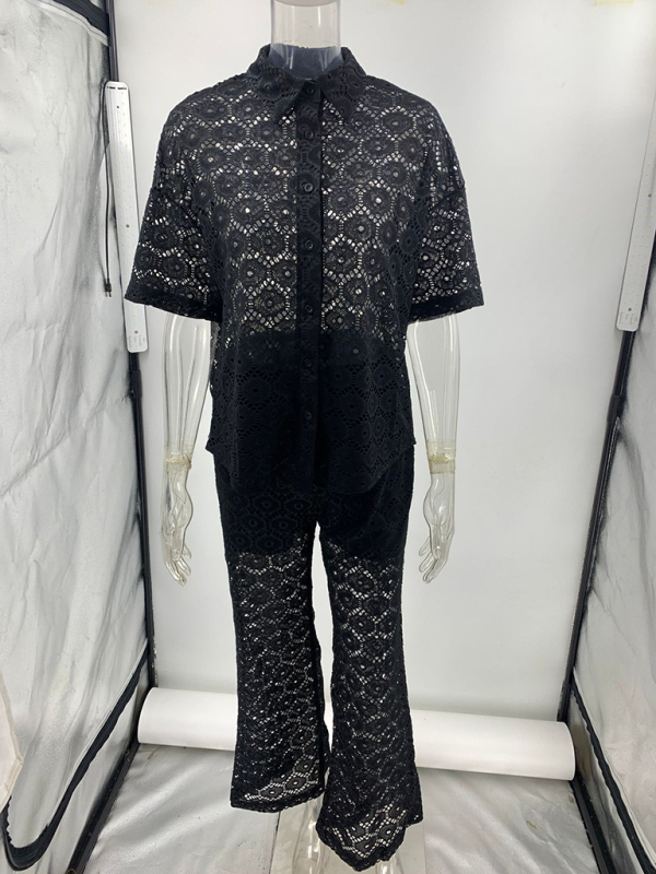 New Fashion Lapel Hollow Lace Short Sleeve Top Trousers Set-chiquechics