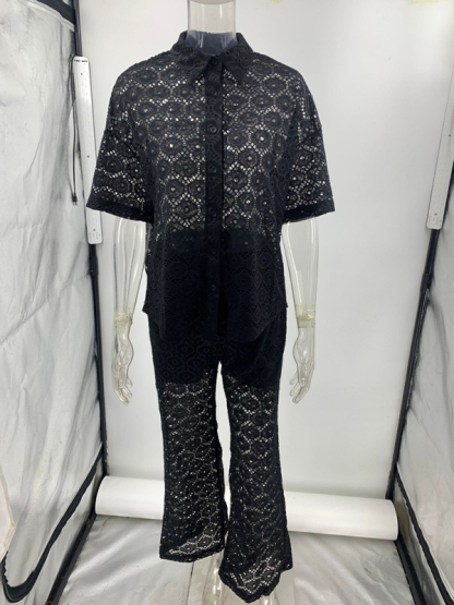 New Fashion Lapel Hollow Lace Short Sleeve Top Trousers Set-chiquechics
