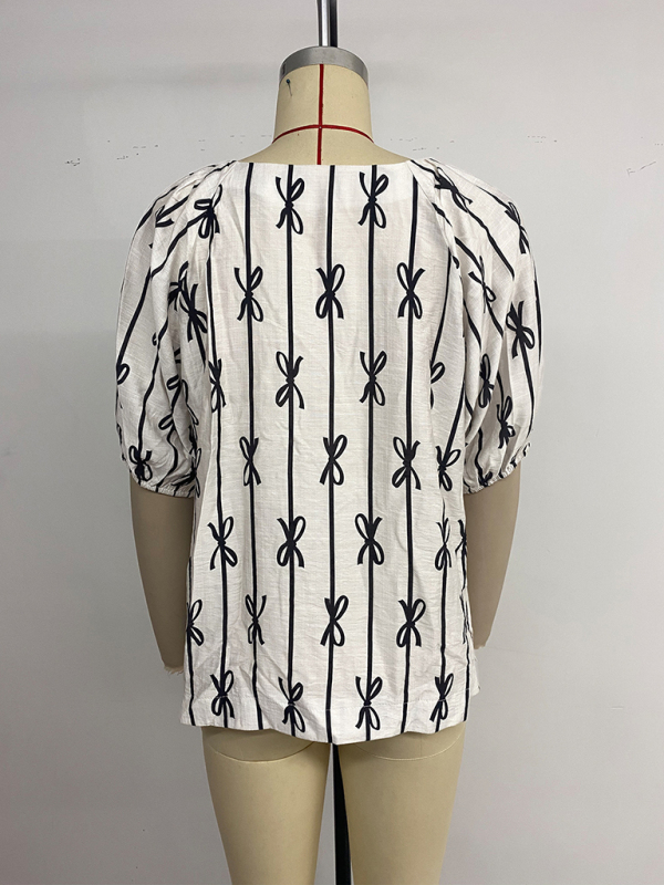 Sweet and simple puff sleeve square neck bow line shirt-chiquechics