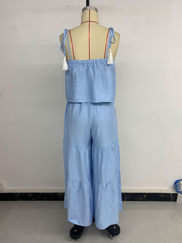 Suspender top wide-leg trousers solid color suit two-piece set-chiquechics