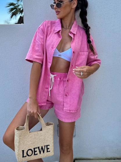 Casual loose short-sleeved shirt and denim shorts set-chiquechics