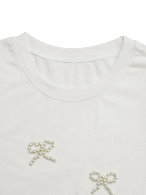 Casual Bowknot Round Neck Pullover Beaded Puff Sleeve T-shirt-chiquechics
