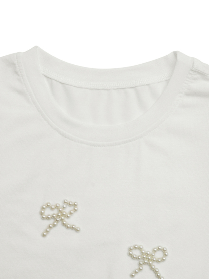 Casual Bowknot Round Neck Pullover Beaded Puff Sleeve T-shirt-chiquechics