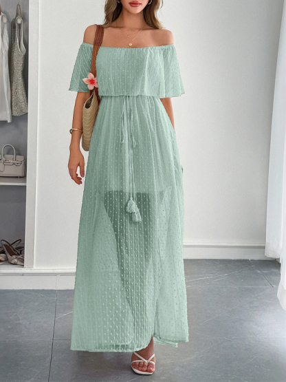 Elegant Strapless Waisted Short Sleeve Long Dress-chiquechics