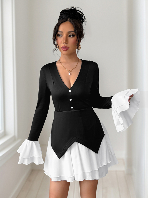 Long-sleeved contrast skirt with ruffled autumn dress-chiquechics