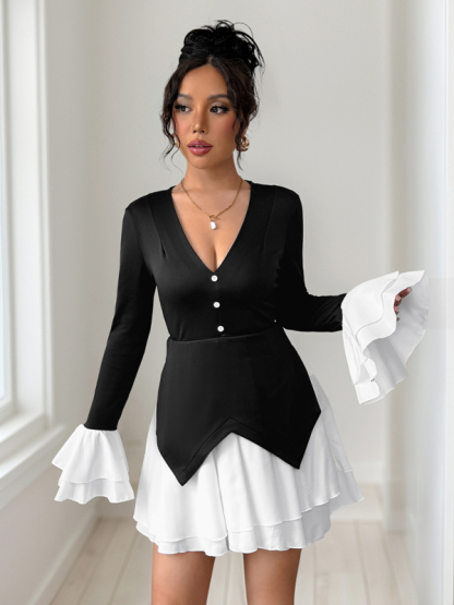 Long-sleeved contrast skirt with ruffled autumn dress-chiquechics