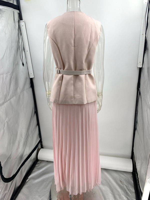 Sleeveless Chanel style vest vest mesh pleated skirt two-piece set-chiquechics