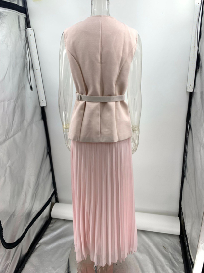 Sleeveless Chanel style vest vest mesh pleated skirt two-piece set-chiquechics