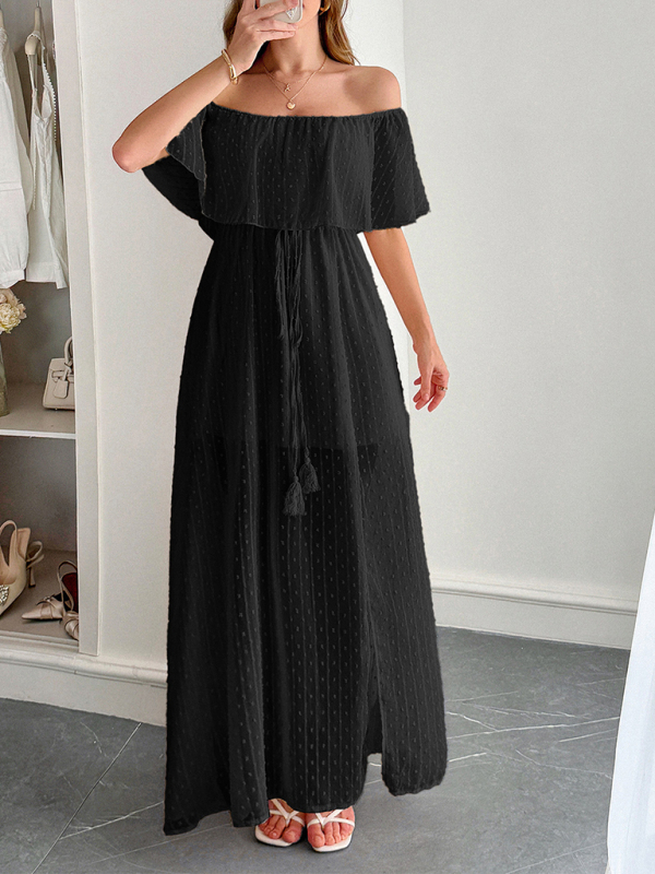 Elegant Strapless Waisted Short Sleeve Long Dress-chiquechics