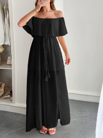 Elegant Strapless Waisted Short Sleeve Long Dress-chiquechics
