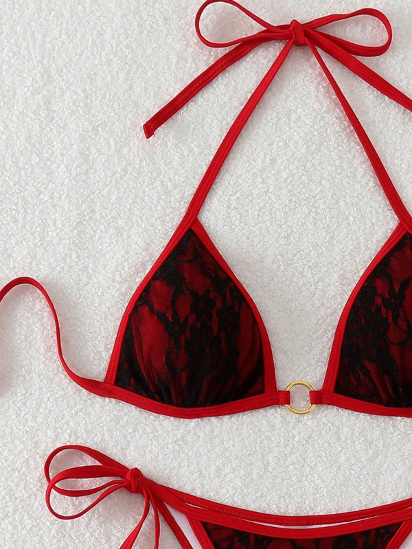 Black lace and red backless bikini swimwear