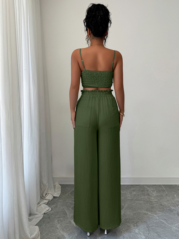 Army Green Suspender Vest Wide Leg Pants Two-Piece Set-chiquechics