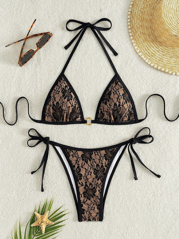 Black lace halter top with floral pattern and nude bikini-chiquechics