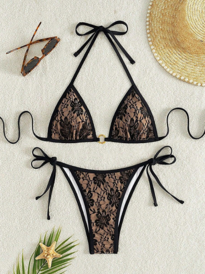 Black lace halter top with floral pattern and nude bikini-chiquechics