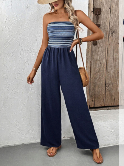 Casual simple jumpsuit elastic stitching striped jumpsuit-chiquechics