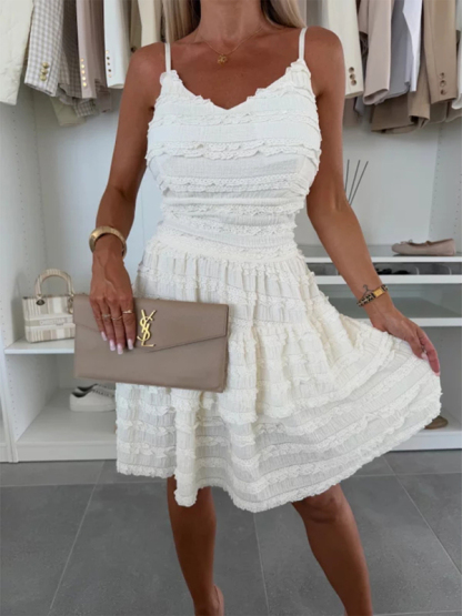 Solid color ruffle sexy suspender lace dress-chiquechics