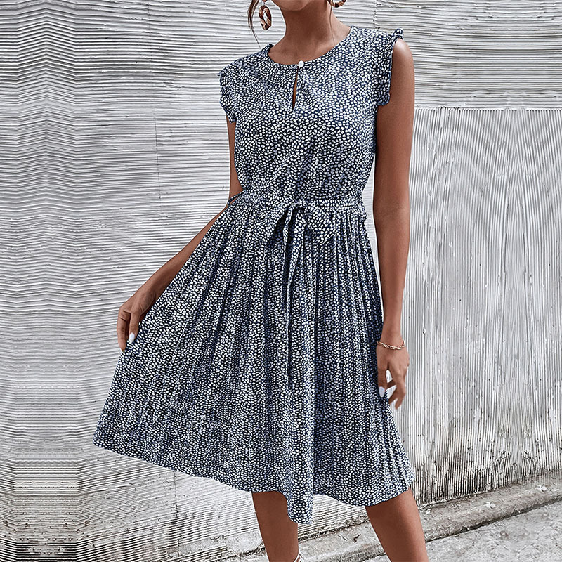 Casual Dress Lace-Up Pleated Green Floral Dress-chiquechics