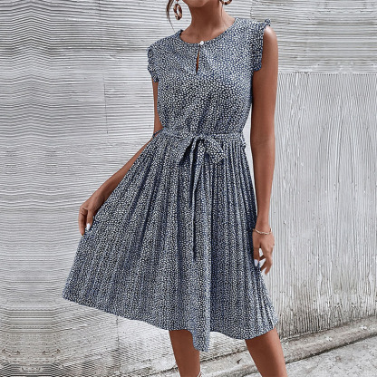 Casual Dress Lace-Up Pleated Green Floral Dress-chiquechics