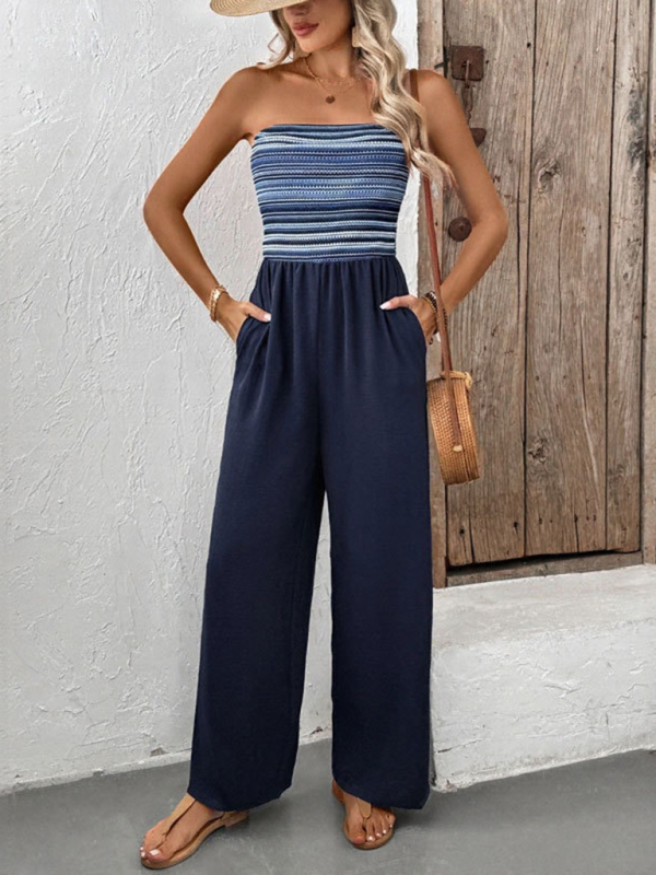 Casual simple jumpsuit elastic stitching striped jumpsuit-chiquechics