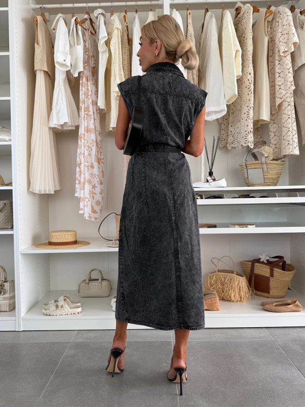 Fashion casual single breasted sleeveless denim dress-chiquechics