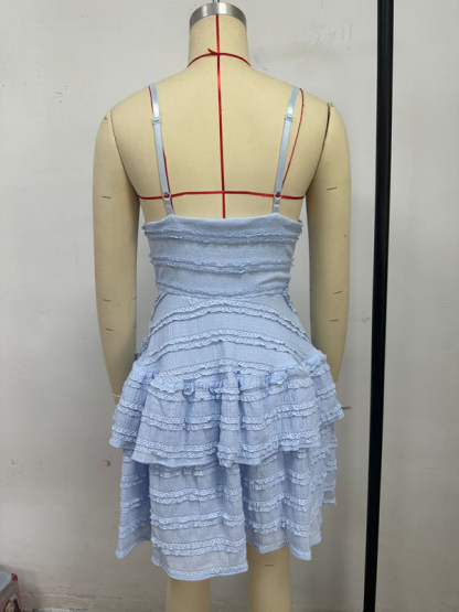 Solid color ruffle sexy suspender lace dress-chiquechics