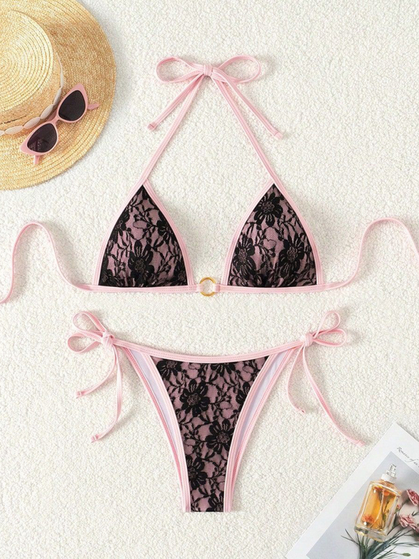 Black lace and pink backless bikini swimwear
