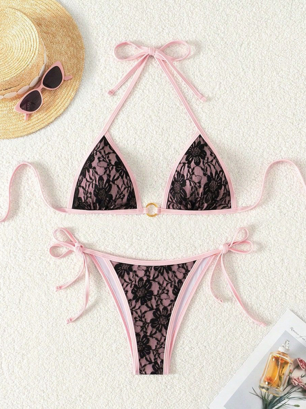 Black lace and pink backless bikini swimwear-chiquechics