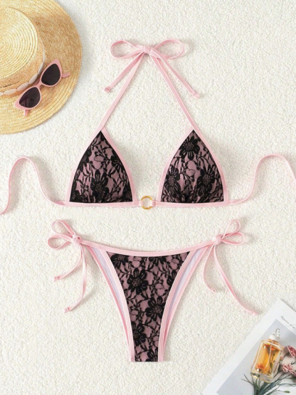 Black lace and pink backless bikini swimwear-chiquechics