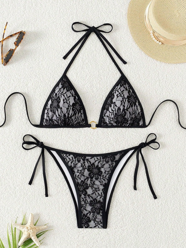Black lace halter bikini swimwear-chiquechics