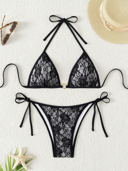 Black lace halter bikini swimwear-chiquechics