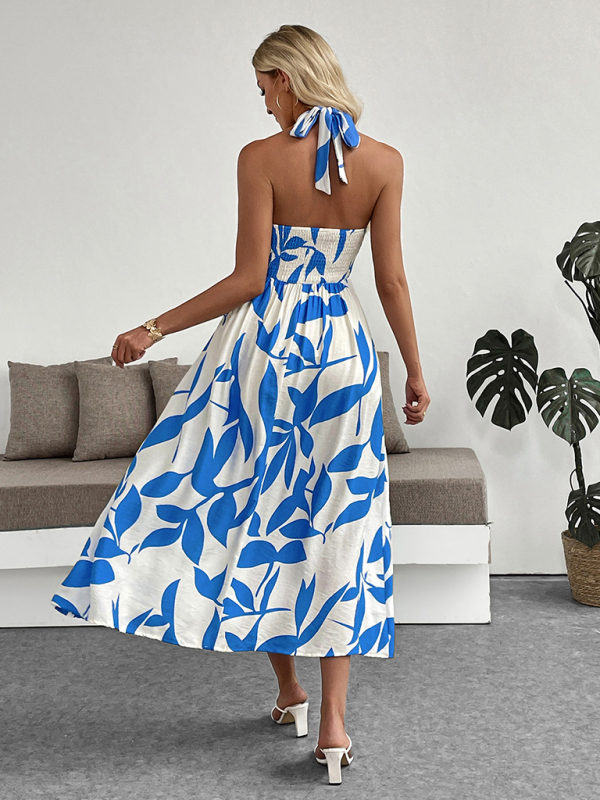 Floral print skirt seaside holiday style halter neck backless dress-chiquechics