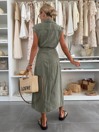 Fashion casual single breasted sleeveless denim dress-chiquechics