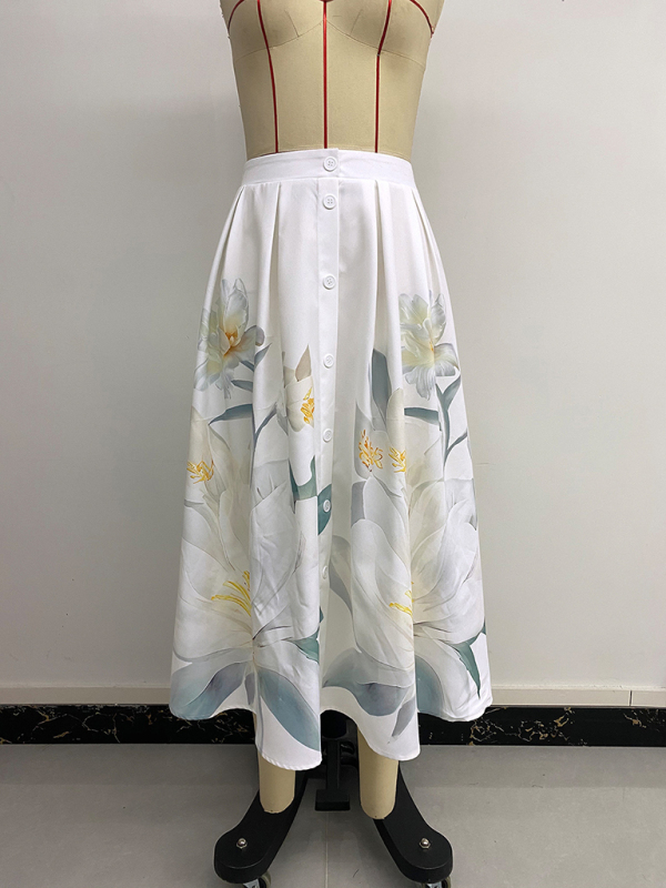 Casual Floral Holiday Dress Button Decorated Printed Skirt-chiquechics