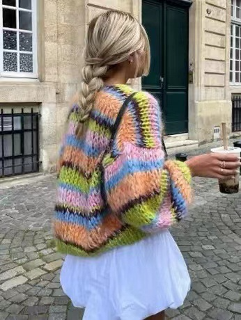 Striped long-sleeved rainbow plaid heavy handmade versatile cardigan sweater-chiquechics