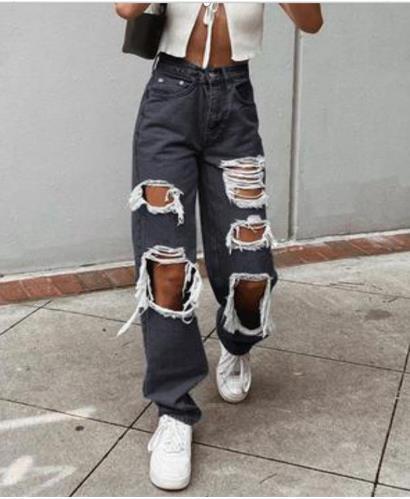 Ladies Ripped Wash Style Denim Trousers-chiquechics
