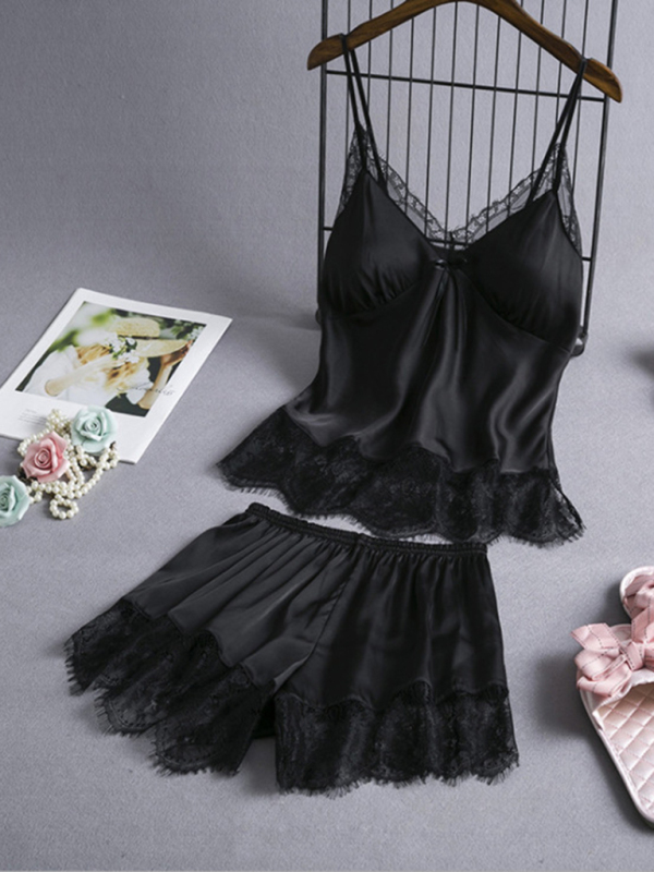 Women's solid color camisole lace pajama set-chiquechics