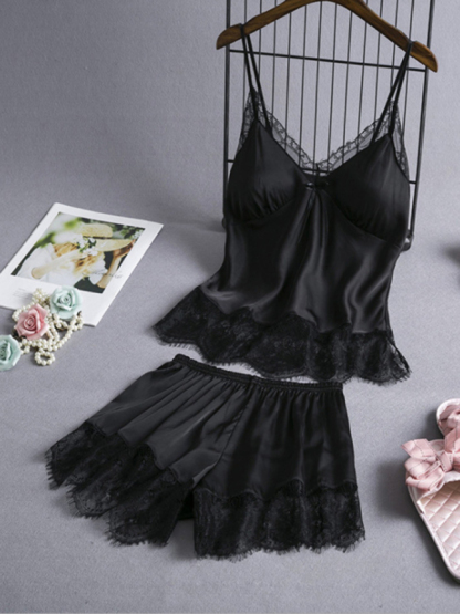 Women's solid color camisole lace pajama set-chiquechics