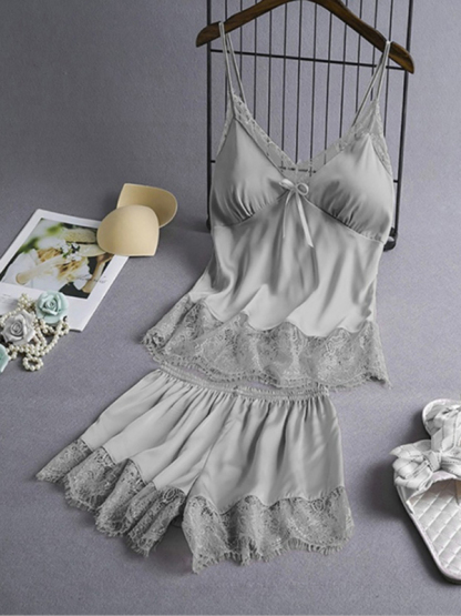Women's solid color camisole lace pajama set-chiquechics
