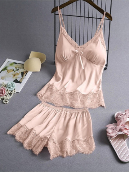 Women's solid color camisole lace pajama set-chiquechics