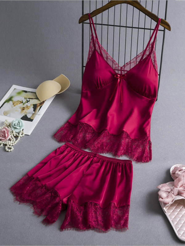 Women's solid color camisole lace pajama set-chiquechics