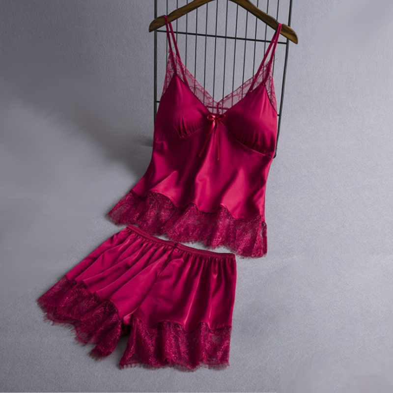 Women's solid color camisole lace pajama set-chiquechics