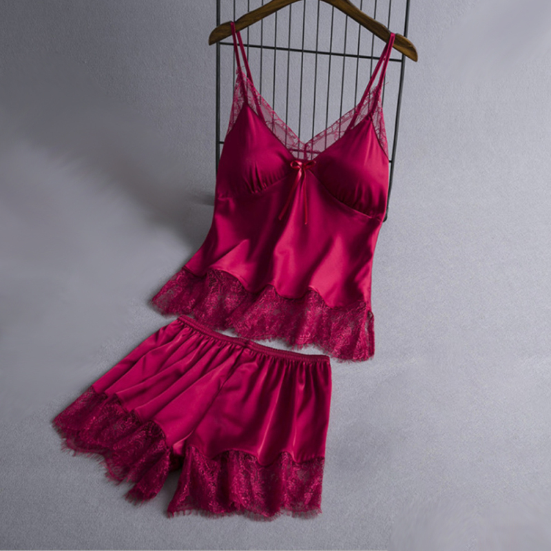 Women's solid color camisole lace pajama set-chiquechics