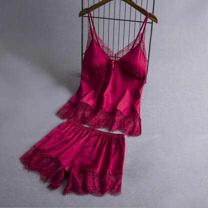 Women's solid color camisole lace pajama set-chiquechics