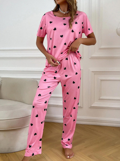 Women's heart print short-sleeved casual pajama sets-chiquechics