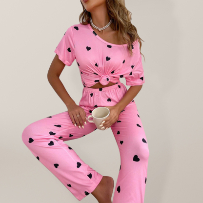 Women's heart print short-sleeved casual pajama sets-chiquechics
